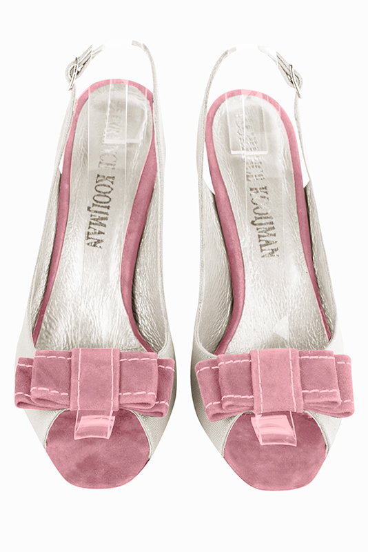 Off white and carnation pink women's slingback sandals. Square toe. Medium comma heels. Top view - Florence KOOIJMAN